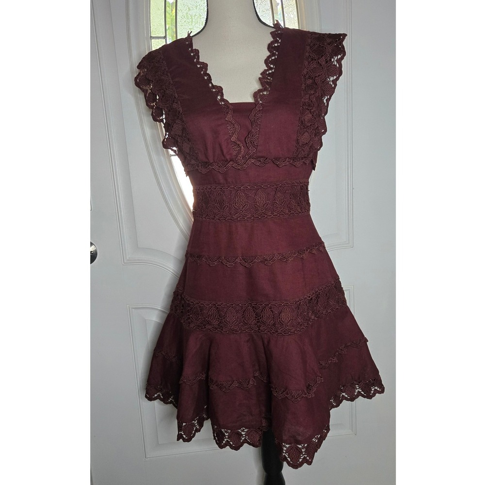Burgundy Linen Blend Lace Mini Dress Size Small Romantic Boho Goth - Picture 2 of 8